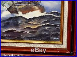 13391/ Vintage Oil Painting On Canvas Seascape with Ship Nautical Signed
