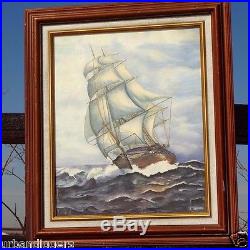 13391/ Vintage Oil Painting On Canvas Seascape with Ship Nautical Signed