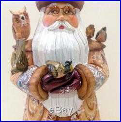 14.5 Vintage Unique RUSSIAN SANTA Wooden Hand Carved and Painted Signed 90-s