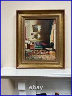 1920's French Impressionist Signed Oil Salon Interior Room Beautiful Details
