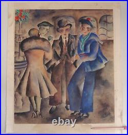 1930s Watercolor Figures City Life Signed WPA Era Regionalism Social Realism Vtg