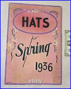 1930s vintage SPRING HATS 1936 Hand Painted SIGN Art Deco Fashion Store Display