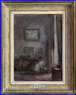 1950's French Signed Vintage Oil Interior Scene Lay Seated In Chair By Window