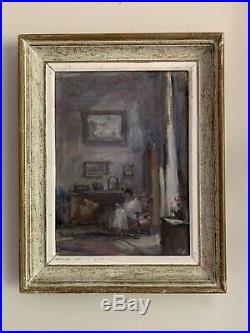 1950's French Signed Vintage Oil Interior Scene Lay Seated In Chair By Window