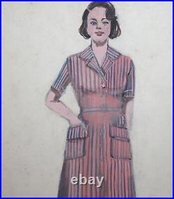 1950's Woman Portrait Vintage Wc Painting Signed