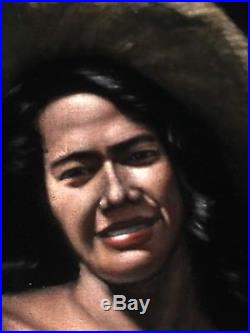 1958 Nude Vintage Tahiti / Polynesian Woman Oil on Black Velvet Painting Signed