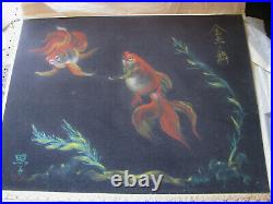 1960s lg JAPANESE GOLD FISH PASTEL Black Velour Painting signed VTG MID-CENTURY