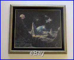 1970's Space Oil Painting Galaxy Craft Alien Creature Signed Proud Vintage Stars