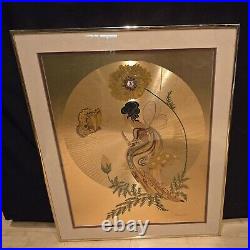 1970s Michelle Emblem Gold Foil Painting Poppy Nymph Hand Painted & Signed