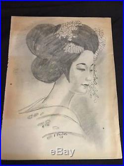 1973 Antique Original Japanese Geisha Vintage Drawing Signed V. Rhodes