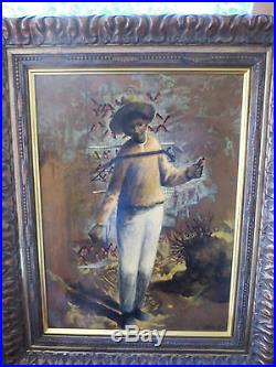 1974 Vintage A. Morales R. Mexican Artist Original Signed Painting Man with Birds