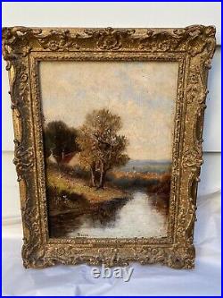 19th C. Oil Painting Canvas Signed Wilson Cottage Stream Forest Scene Gilt Frame
