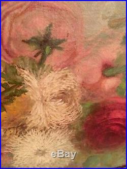 19th C. Victorian Antique Oil Painting Roses Crysamthemums Stunning Signed