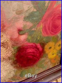 19th C. Victorian Antique Oil Painting Roses Crysamthemums Stunning Signed