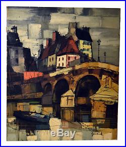 24 Vintage Oil Painting Canvas Signed GERARD Old Town View Boat & Bridge