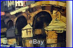 24 Vintage Oil Painting Canvas Signed GERARD Old Town View Boat & Bridge