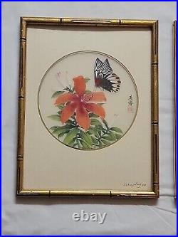2 1978 Vintage Signed Artist Johnny Lung Paintings On Silk Professionally Framed