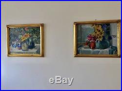 2 Antique Vintage Original Oil Painting Flowers Signed Canvas 1938. 23 x 19 in