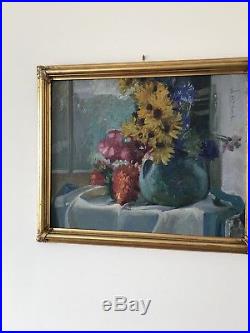 2 Antique Vintage Original Oil Painting Flowers Signed Canvas 1938. 23 x 19 in