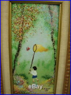 2 VTG Louis Cardin Signed Enamel Copper Paintings Boy Boat Girl Butterfly 1980