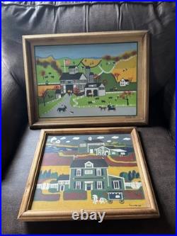 2 Vintage Folk Art Paintings Kathy Jakobsen Signed 1986 & Susan 1986 Wooden