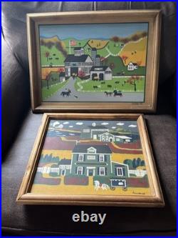2 Vintage Folk Art Paintings Kathy Jakobsen Signed 1986 & Susan 1986 Wooden