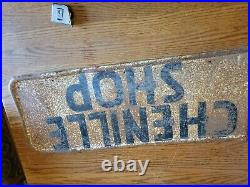 35 Chenille Shop Antique Painted Metal Advertising Sign Vtg Dress Fabric Ladies