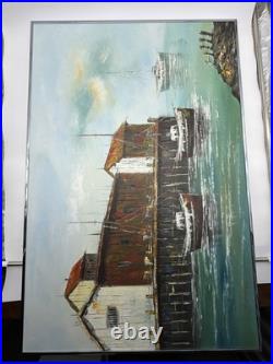 36x24 Vintage Impressionism Oil Painting Signed Billings Harbor with Sailboaats