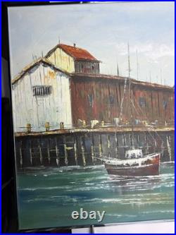36x24 Vintage Impressionism Oil Painting Signed Billings Harbor with Sailboaats