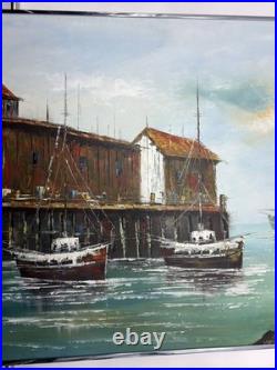 36x24 Vintage Impressionism Oil Painting Signed Billings Harbor with Sailboaats