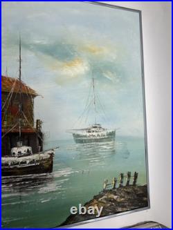 36x24 Vintage Impressionism Oil Painting Signed Billings Harbor with Sailboaats