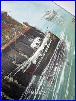 36x24 Vintage Impressionism Oil Painting Signed Billings Harbor with Sailboaats