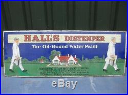 39805 Old Antique Vintage Enamel Sign Hall's Distemper paint tin can Art Deco