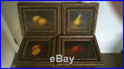 4 Original Vintage Still Life Oil Paintings Fruit Apple Lemon Orange Pear Signed