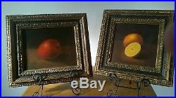 4 Original Vintage Still Life Oil Paintings Fruit Apple Lemon Orange Pear Signed