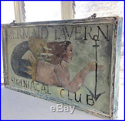 51 Vintage 2-Sided Painted Wood Trade Sign Pub Restaurant Mermaid Tavern, Hooks