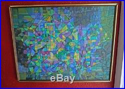 60's MCM Mid Century ABStRACT MOSAIC PAINTING Framed Vintage signed Purples/Blue