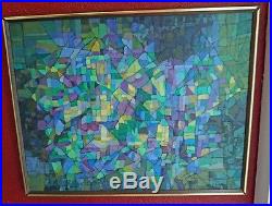 60's MCM Mid Century ABStRACT MOSAIC PAINTING Framed Vintage signed Purples/Blue