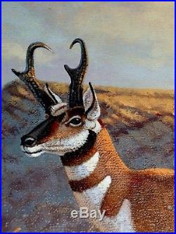 $800 VINTAGE AUTH Signed Jim Morgan Oil Antelope Pronghorn Buck Deer, Landscape