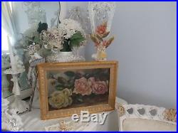 ANTIQUE VTG. 1900'S PINK &YELLOW ROSE FRAMED & SIGNED OIL PAINTING With ROSE HOOK