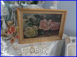 ANTIQUE VTG. 1900'S PINK &YELLOW ROSE FRAMED & SIGNED OIL PAINTING With ROSE HOOK