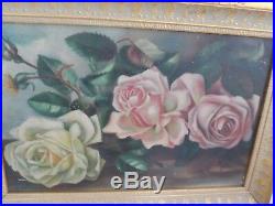 ANTIQUE VTG. 1900'S PINK &YELLOW ROSE FRAMED & SIGNED OIL PAINTING With ROSE HOOK