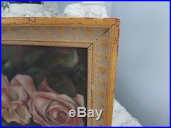 ANTIQUE VTG. 1900'S PINK &YELLOW ROSE FRAMED & SIGNED OIL PAINTING With ROSE HOOK