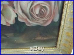 ANTIQUE VTG. 1900'S PINK &YELLOW ROSE FRAMED & SIGNED OIL PAINTING With ROSE HOOK