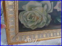 ANTIQUE VTG. 1900'S PINK &YELLOW ROSE FRAMED & SIGNED OIL PAINTING With ROSE HOOK