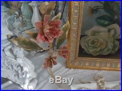 ANTIQUE VTG. 1900'S PINK &YELLOW ROSE FRAMED & SIGNED OIL PAINTING With ROSE HOOK