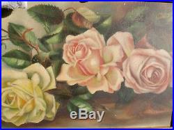 ANTIQUE VTG. 1900'S PINK &YELLOW ROSE FRAMED & SIGNED OIL PAINTING With ROSE HOOK