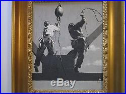 Antique Wpa Style Painting Signed Industrial Workers Construction American Vntg