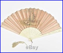 ART NOUVEAU C. 1900 Antique French Silk Folding Fan Hand Painted Signed Romantic