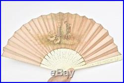 ART NOUVEAU C. 1900 Antique French Silk Folding Fan Hand Painted Signed Romantic